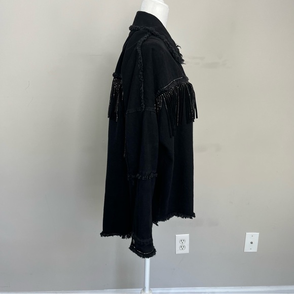 ZARA DENIM EMBELLISHED FRINGE BUTTON UP SHIRT JACKET SIZE SMALL IN BLACK - Picture 10 of 16